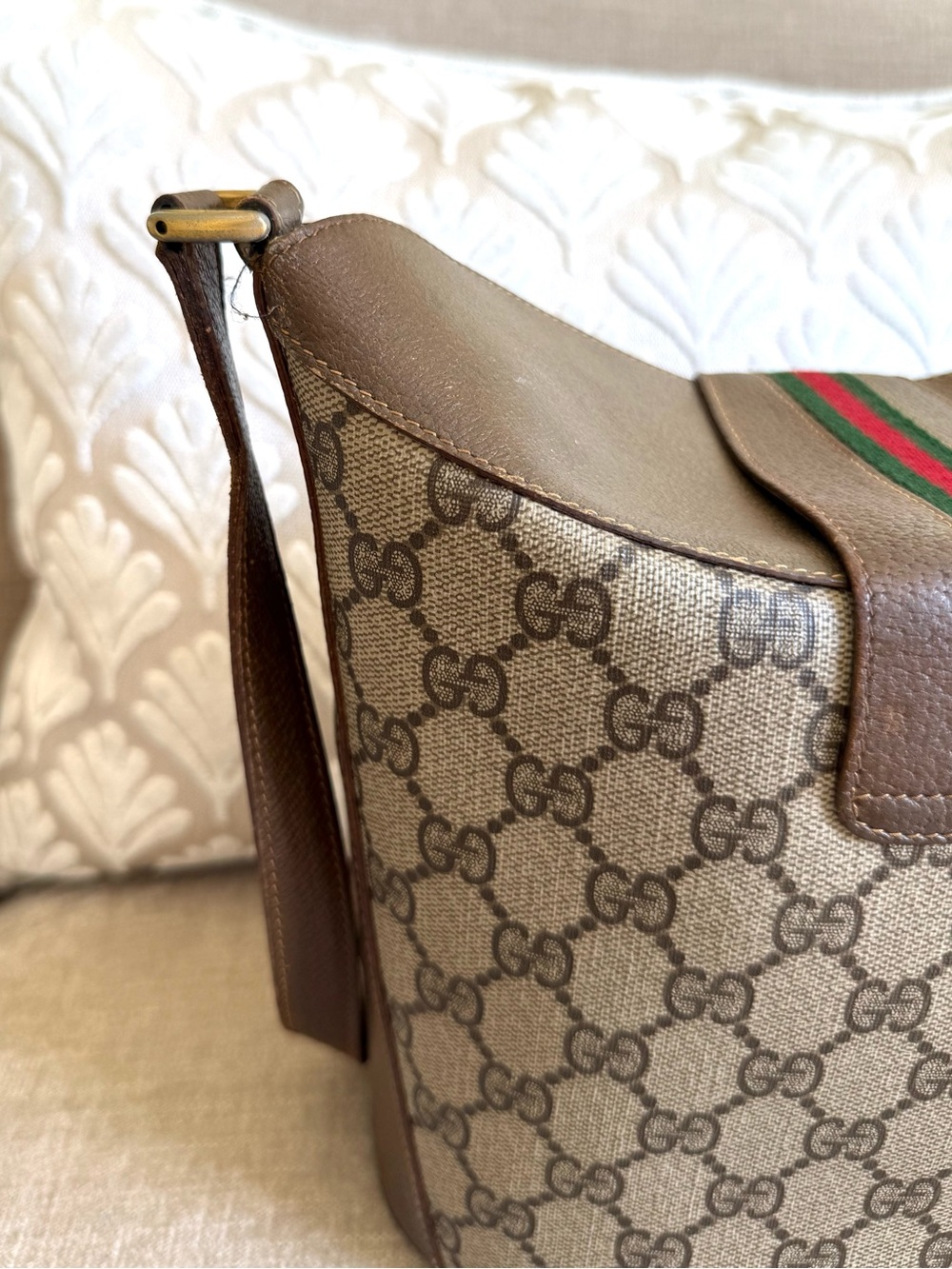 Gucci authentic brown monogram coated canvas shoulder bag bucket brown leather - Picture 15 of 16